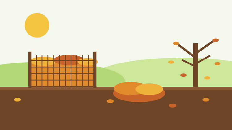 Hoe maak je bladcompost — platte illustratie van een draadgazen bladkooi gevuld met herfstbladeren naast een kale boom en een hoop gevallen bladeren