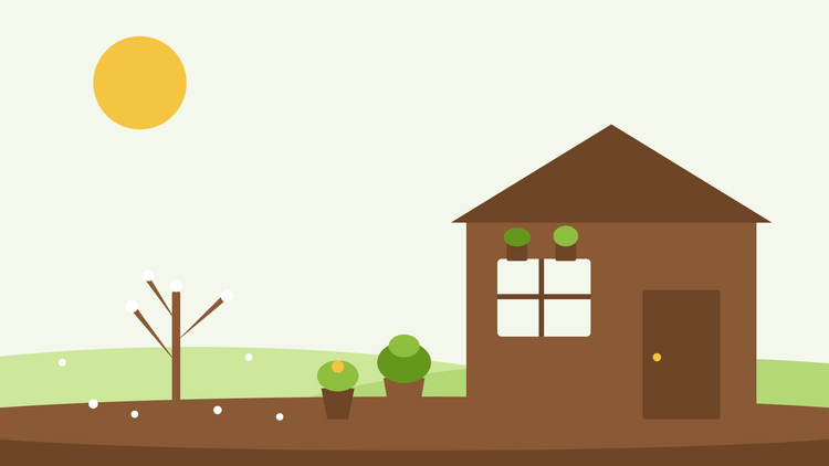Vorstgevoelige planten overwinteren — platte illustratie van ingepotte planten beschut naast een schuur in een winters, bevroren tuin