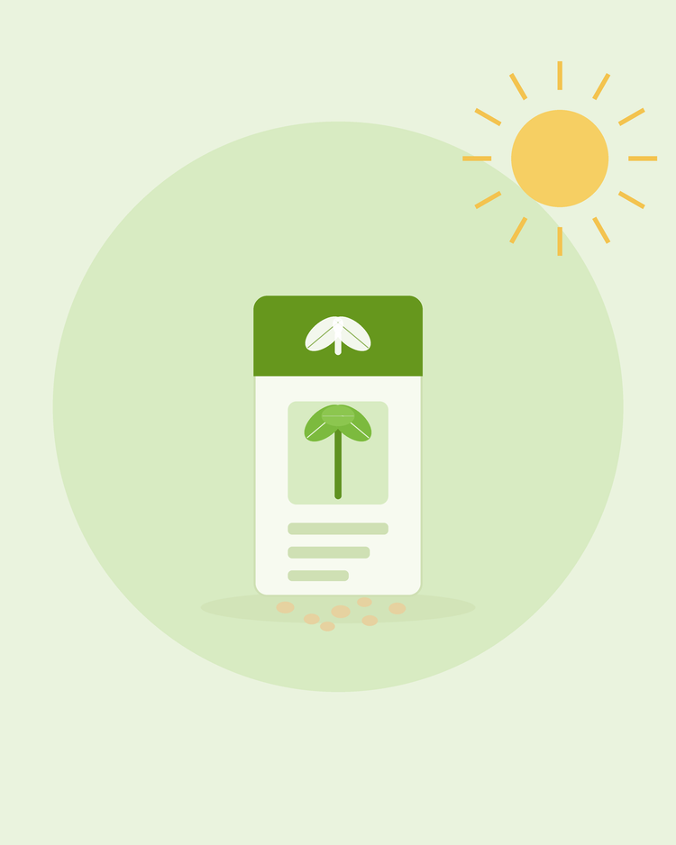 Platte illustratie van een zaadzakje met een spruitemblemen en uitrollende zaden — zaadzakjes begrijpen, van SeedsChoice