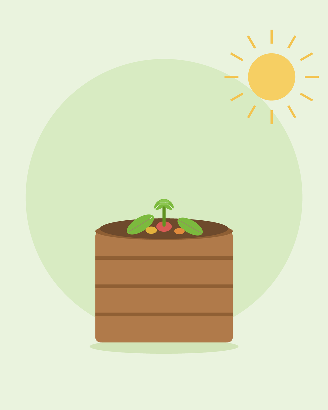 Platte illustratie van een houten compostvat met keuken- en tuinafval — composteren voor beginners, van SeedsChoice