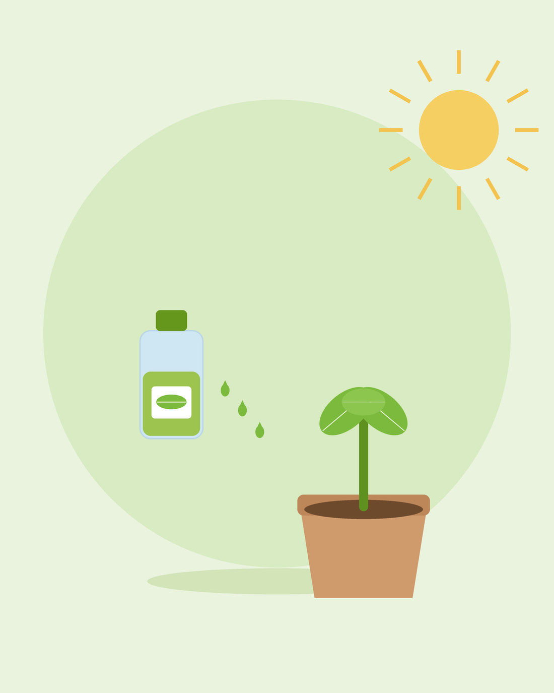 Platte illustratie van een fles plantvoeding met druppels naast een ingepotte zaailing — planten voeden en bemesten, van SeedsChoice