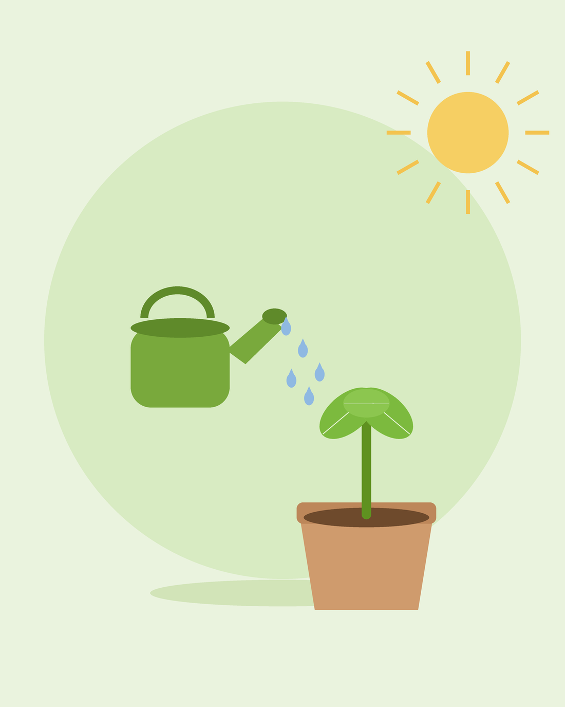 Platte illustratie van een groene gieter die een ingepotte zaailing water geeft — jouw tuin water geven, van SeedsChoice