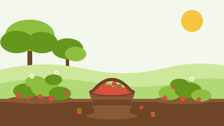 Alpiene aardbeien oogsten — platte illustratie van lage Fragaria vesca-pollen bezaaid met kleine rode besjes naast een mand met geplukt fruit