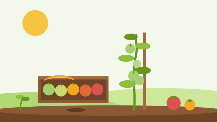 Hoe laat je groene tomaten rijpen — platte illustratie van een houten schaal met tomaten die van groen naar rood kleuren met een banaan erbij, naast een ingepunte tomatenplant