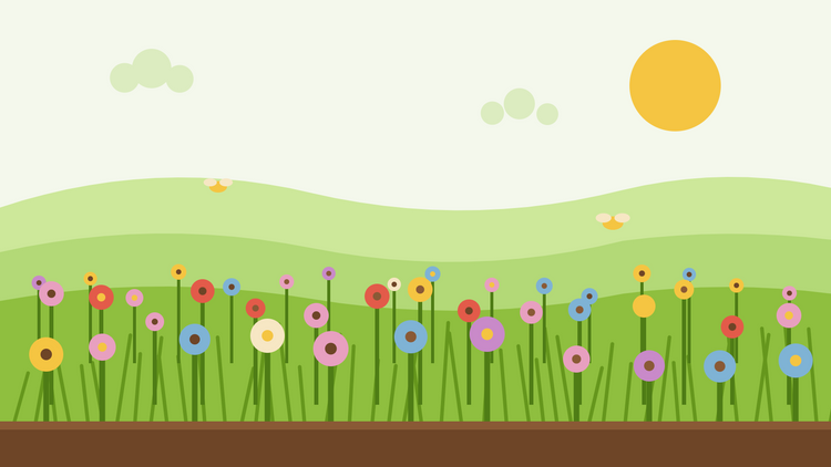 Hoe je een bloemenweiland inzaait — platte illustratie van een bloeiende weide met grassen, klaprozen, madeliefjes en vlinders