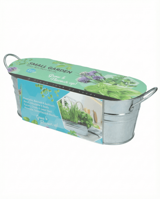 Keukenkruiden Basilicum Bieslook Peterselie Set Met Gegalvaniseerde Bak En Grond – kruidenzaden van SeedsChoice
