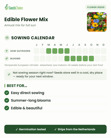 Zaaikalender voor Edible Flower Mix in een gematigd Europees klimaat: direct zaaien maart t/m juni, bloeit juni t/m oktober; zaden blijven goed bewaarbaar tot het volgende zaaiseizoen