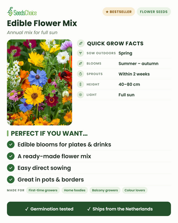 Eetbare Bloemenmix snelgroei-info: direct zaaien in de lente, bloeit van zomer tot herfst, hoogte 40-80 cm, volle zon — eetbare bloemen voor borden en dranken in een kant-en-klare mix