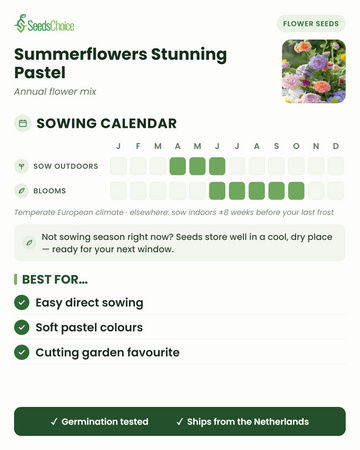 Zaaikalender voor Summerflowers Stunning Pastel in een gematigd Europees klimaat: direct zaaien april t/m juni, bloeit juni t/m oktober; zaden blijven goed bewaarbaar tot het volgende zaaiseizoen